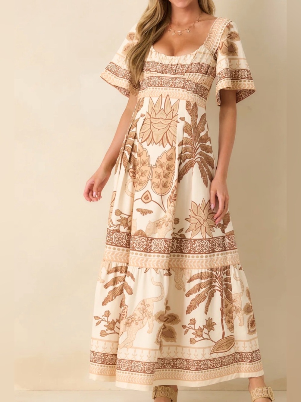 AIYIA Lisbon Maxi Dress M Beige Brown Multi Print Boho Tencel Cotton NWT
